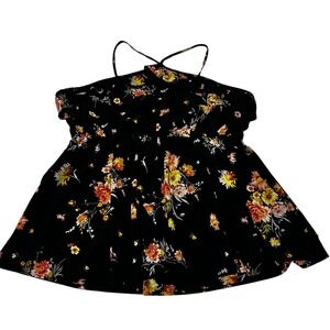 Torrid Size 2 Cross Neck Babydoll Tank Black Floral‎ Ruffle